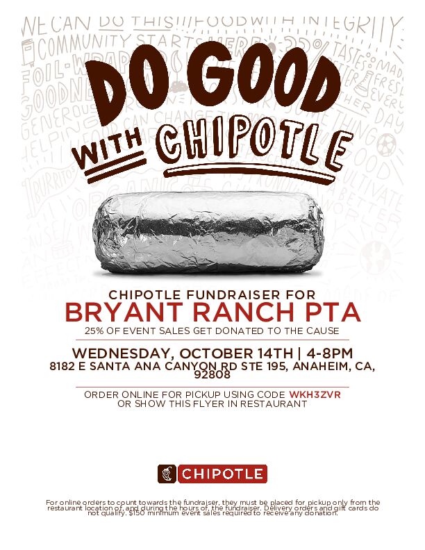 Bryant Ranch Fundraiser @ Chipotle On "10/14/26 4-8PM" Chipotle BR - Bryant Ranch Fundraiser @ Chipotle On "10/14/26 4-8PM"